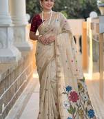 indian beige meenakari zari weaving work soft cotton blend saree