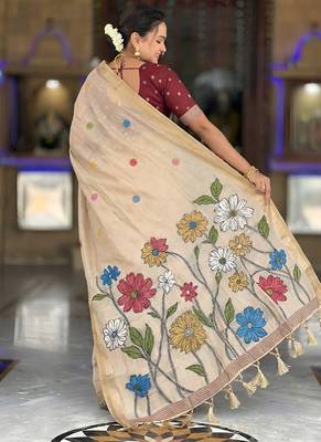 indian beige meenakari zari weaving work soft cotton blend saree 2
