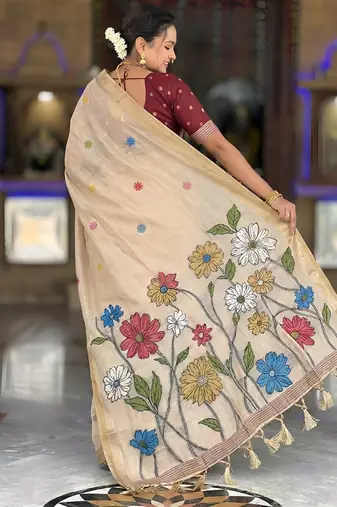 indian beige meenakari zari weaving work soft cotton blend saree
