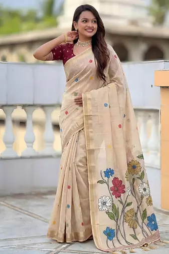 indian beige meenakari zari weaving work soft cotton blend saree