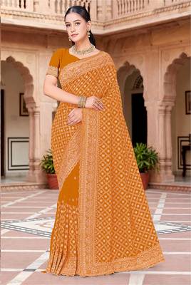 Designer mustard zari embroidery zarkan work georgette saree 1