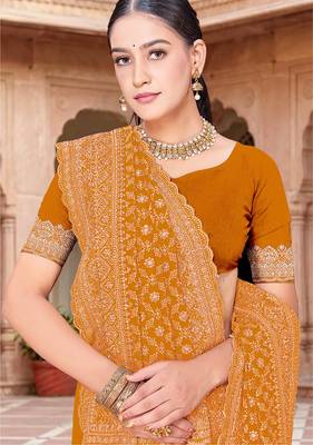 Designer mustard zari embroidery zarkan work georgette saree 2