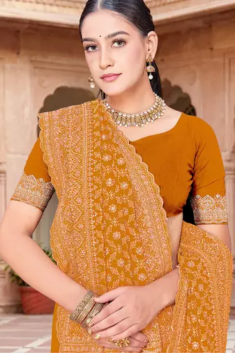 Designer mustard zari embroidery zarkan work georgette saree