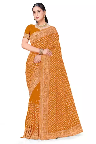 Designer mustard zari embroidery zarkan work georgette saree