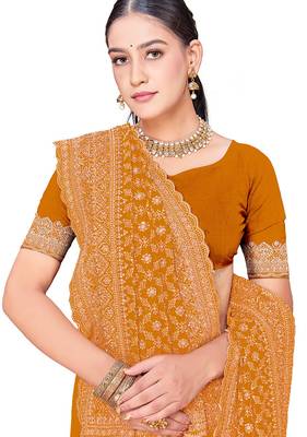 Designer mustard zari embroidery zarkan work georgette saree 4