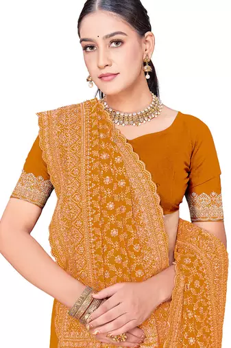 Designer mustard zari embroidery zarkan work georgette saree