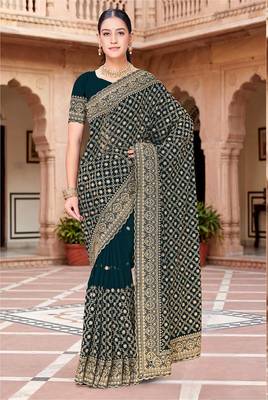 Designer teal blue zari embroidery zarkan work georgette saree 1