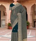 Designer teal blue zari embroidery zarkan work georgette saree