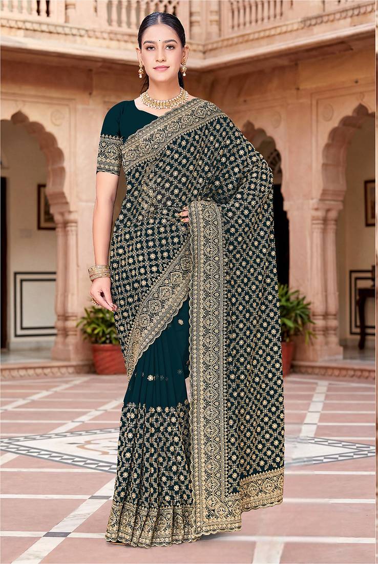 Designer teal blue zari embroidery zarkan work georgette saree