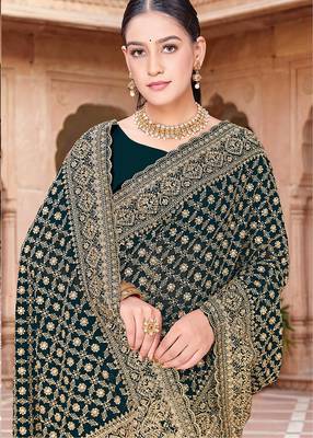 Designer teal blue zari embroidery zarkan work georgette saree 2