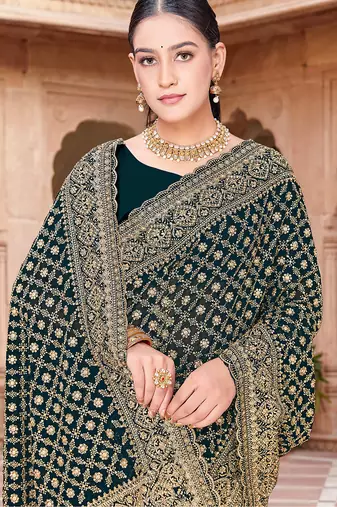 Designer teal blue zari embroidery zarkan work georgette saree