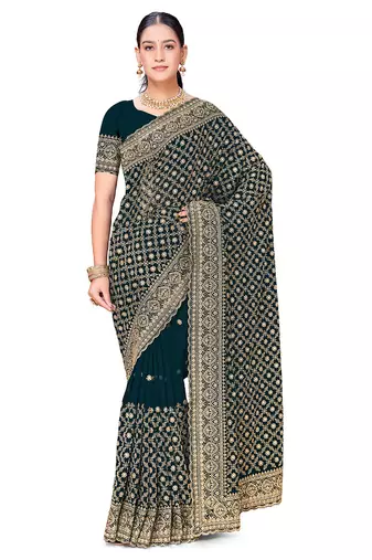 Designer teal blue zari embroidery zarkan work georgette saree