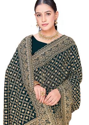 Designer teal blue zari embroidery zarkan work georgette saree 4