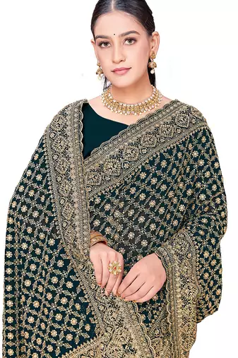 Designer teal blue zari embroidery zarkan work georgette saree