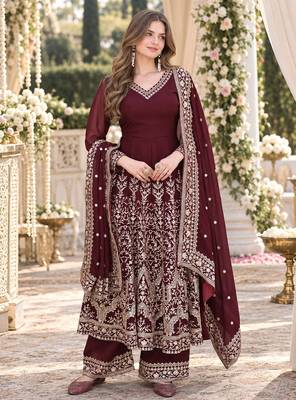 Maroon georgette readymade anarkali suit with embroidery & sequence work 1
