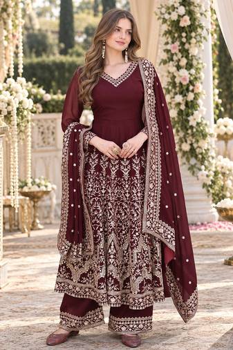 Maroon georgette readymade anarkali suit with embroidery & sequence work