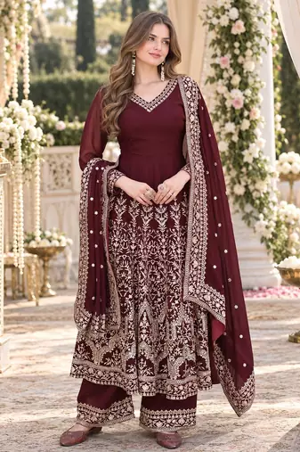 Maroon georgette readymade anarkali suit with embroidery & sequence work