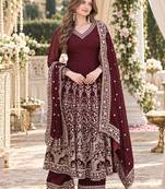 Maroon georgette readymade anarkali suit with embroidery & sequence work