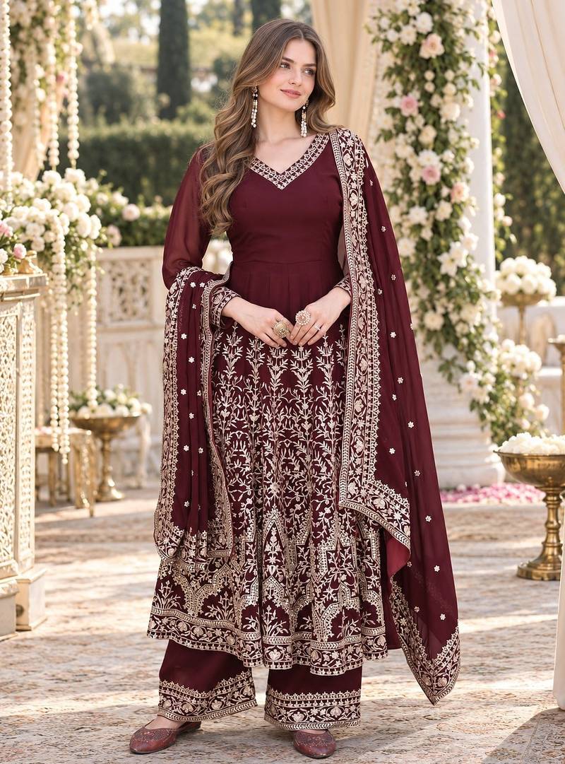 Maroon georgette readymade anarkali suit with embroidery & sequence work