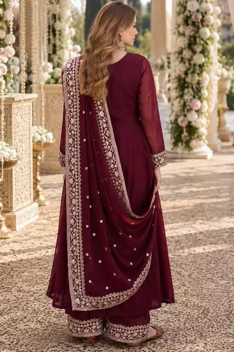 Maroon georgette readymade anarkali suit with embroidery & sequence work