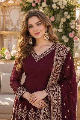 Maroon georgette readymade anarkali suit with embroidery & sequence work 3
