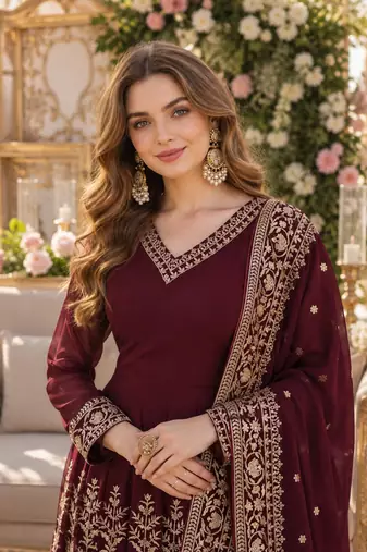 Maroon georgette readymade anarkali suit with embroidery & sequence work