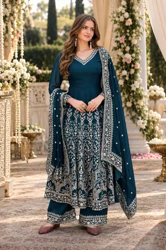Teal georgette readymade anarkali suit with embroidery & sequence work