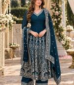 Teal georgette readymade anarkali suit with embroidery & sequence work