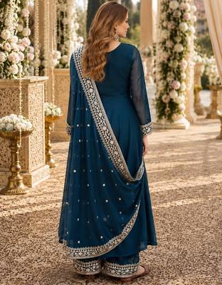 Teal georgette readymade anarkali suit with embroidery & sequence work 2
