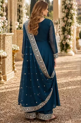 Teal georgette readymade anarkali suit with embroidery & sequence work