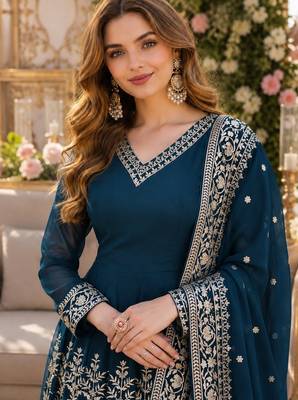 Teal georgette readymade anarkali suit with embroidery & sequence work 3