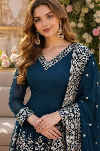 Teal georgette readymade anarkali suit with embroidery & sequence work