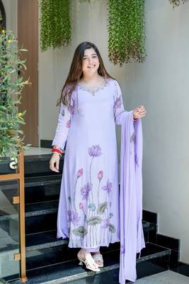 Lavender Printed A-Line Kurta Set With Duptta 1