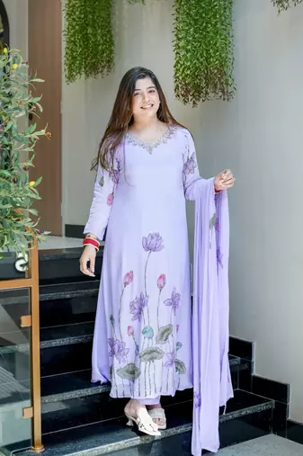 Lavender Printed A-Line Kurta Set With Duptta
