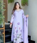 Lavender Printed A-Line Kurta Set With Duptta