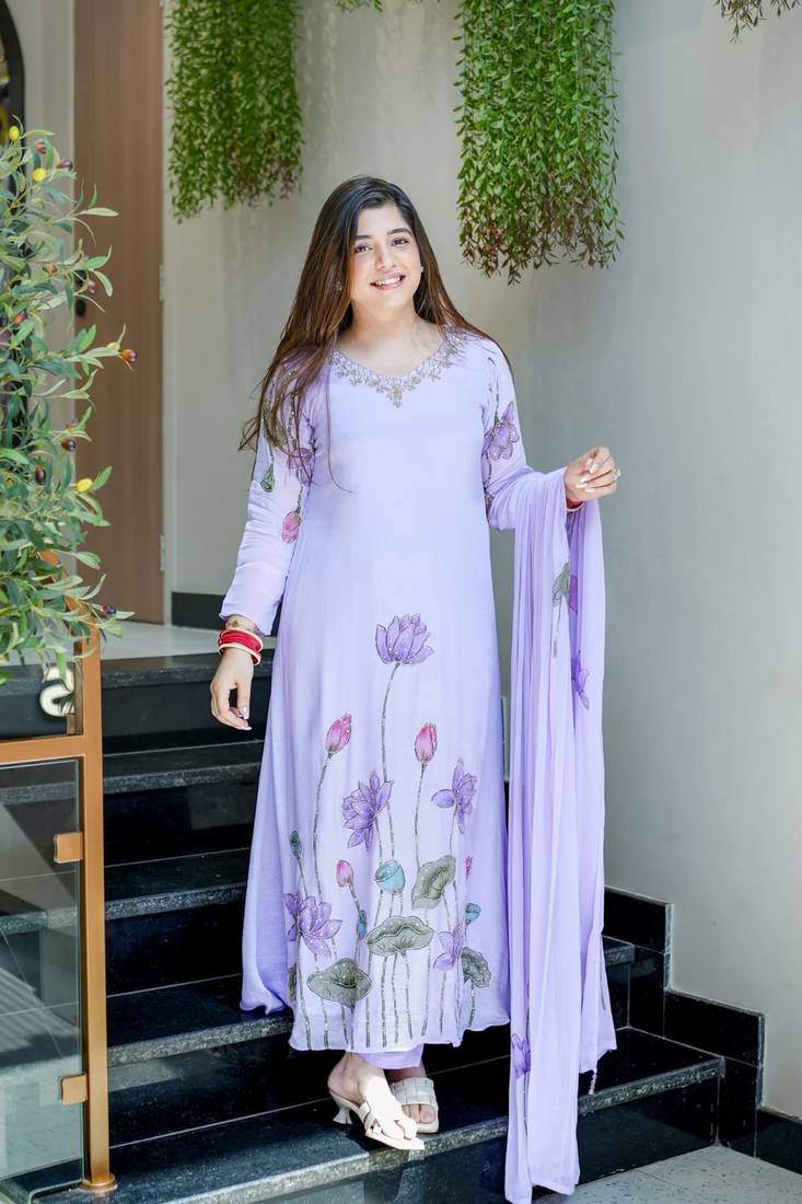 Lavender Printed A-Line Kurta Set With Duptta