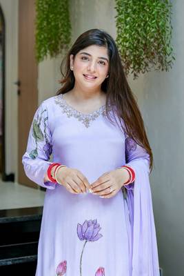 Lavender Printed A-Line Kurta Set With Duptta 2