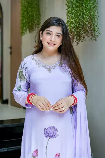 Lavender Printed A-Line Kurta Set With Duptta