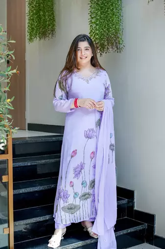 Lavender Printed A-Line Kurta Set With Duptta