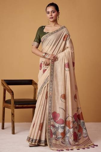 beige soft jamdani cotton blend floral digital printed pallu festive wear saree