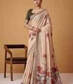 beige soft jamdani cotton blend floral digital printed pallu festive wear saree