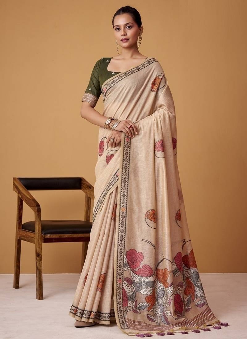 beige soft jamdani cotton blend floral digital printed pallu festive wear saree