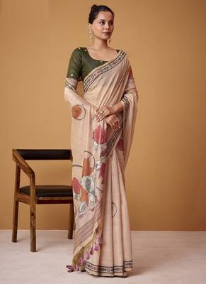 beige soft jamdani cotton blend floral digital printed pallu festive wear saree 2