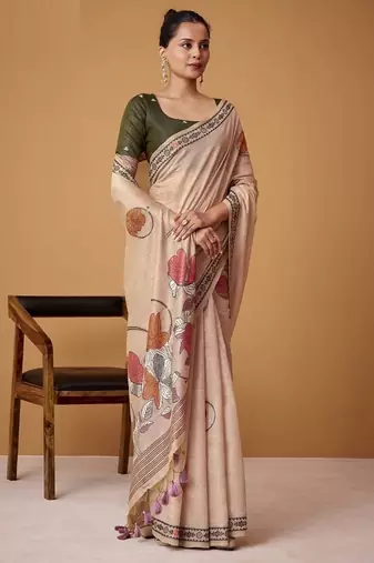 beige soft jamdani cotton blend floral digital printed pallu festive wear saree