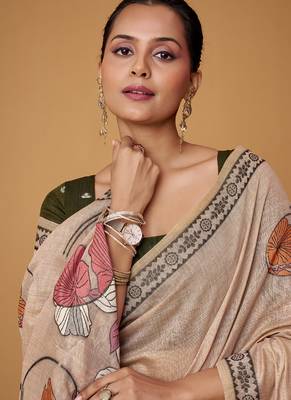 beige soft jamdani cotton blend floral digital printed pallu festive wear saree 3