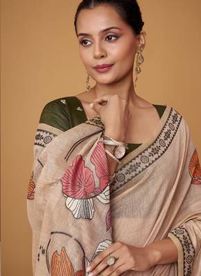 beige soft jamdani cotton blend floral digital printed pallu festive wear saree 4