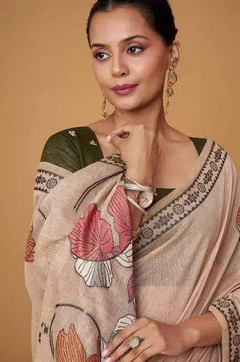 beige soft jamdani cotton blend floral digital printed pallu festive wear saree