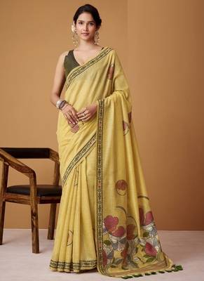 yellow soft jamdani cotton blend floral digital printed pallu festive wear saree 1