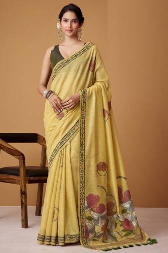 yellow soft jamdani cotton blend floral digital printed pallu festive wear saree