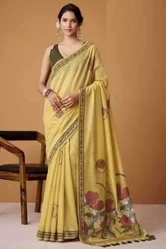 yellow soft jamdani cotton blend floral digital printed pallu festive wear saree